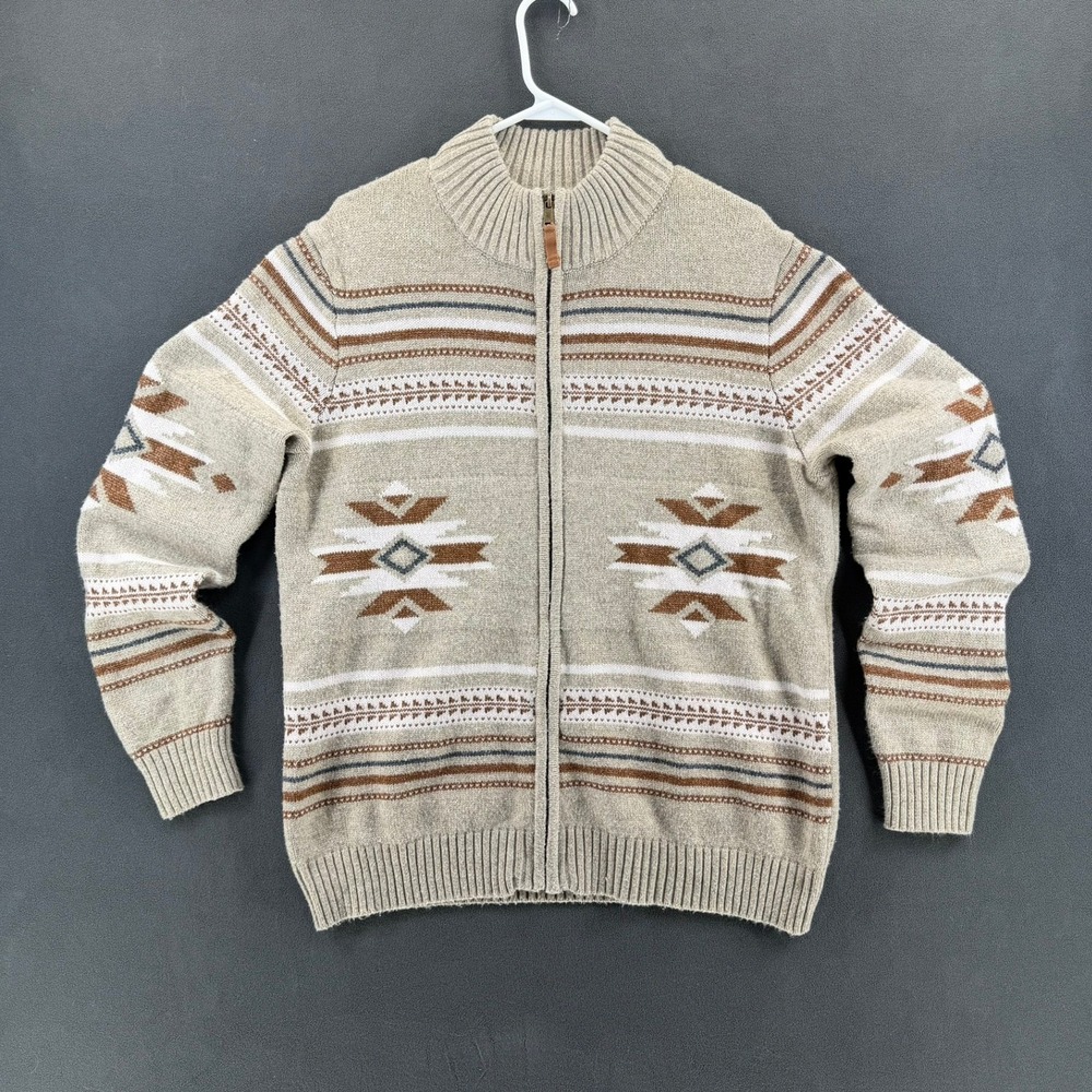 Frye Mens Southwestern Full Zip Sweater Tan Geometric Knit Mock Neck Size M